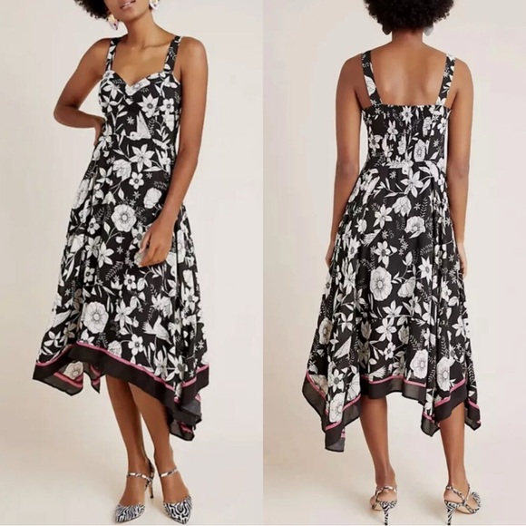 Anthropologie Dresses & Skirts - Anthropologie Maeve Vivienne Black White Floral Hanky Hem Midi Dress 12